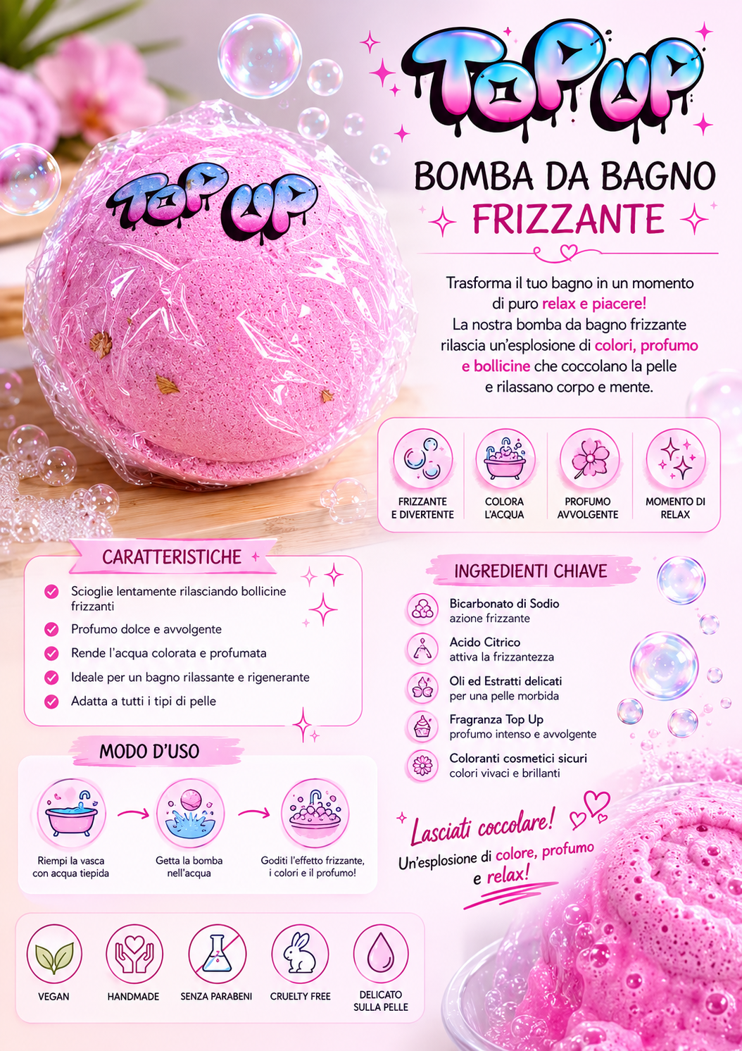 Bomba da bagno rosa e petali