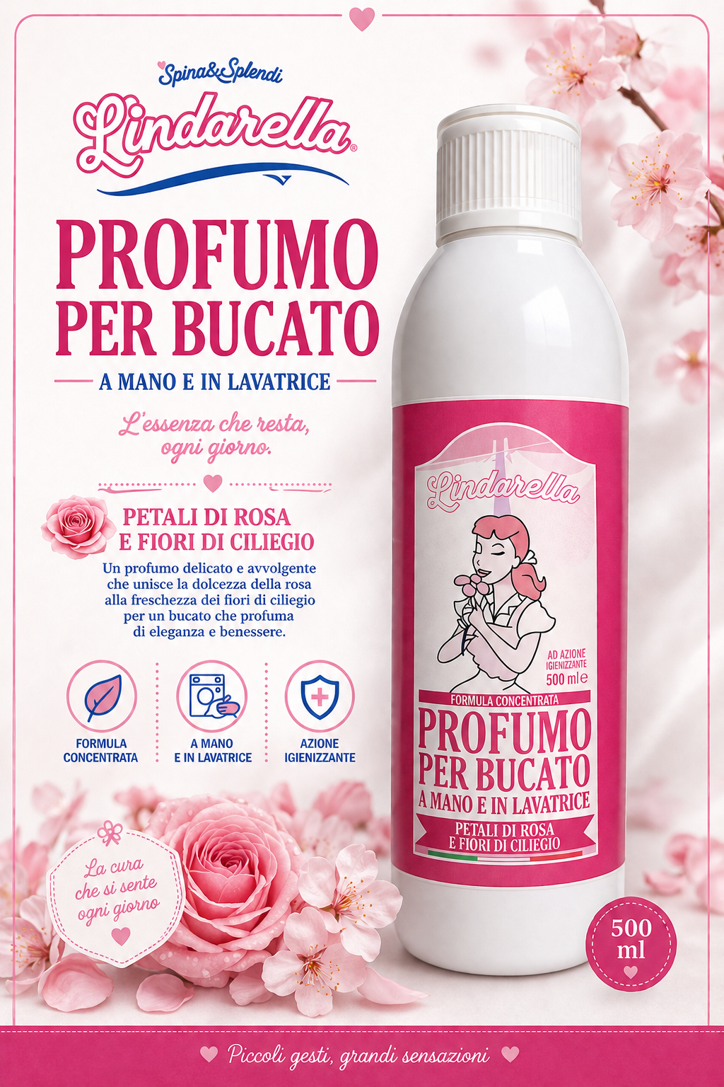 Profumo per bucato e pavimenti petali di rosa e fiori di ciliegio da 500ml