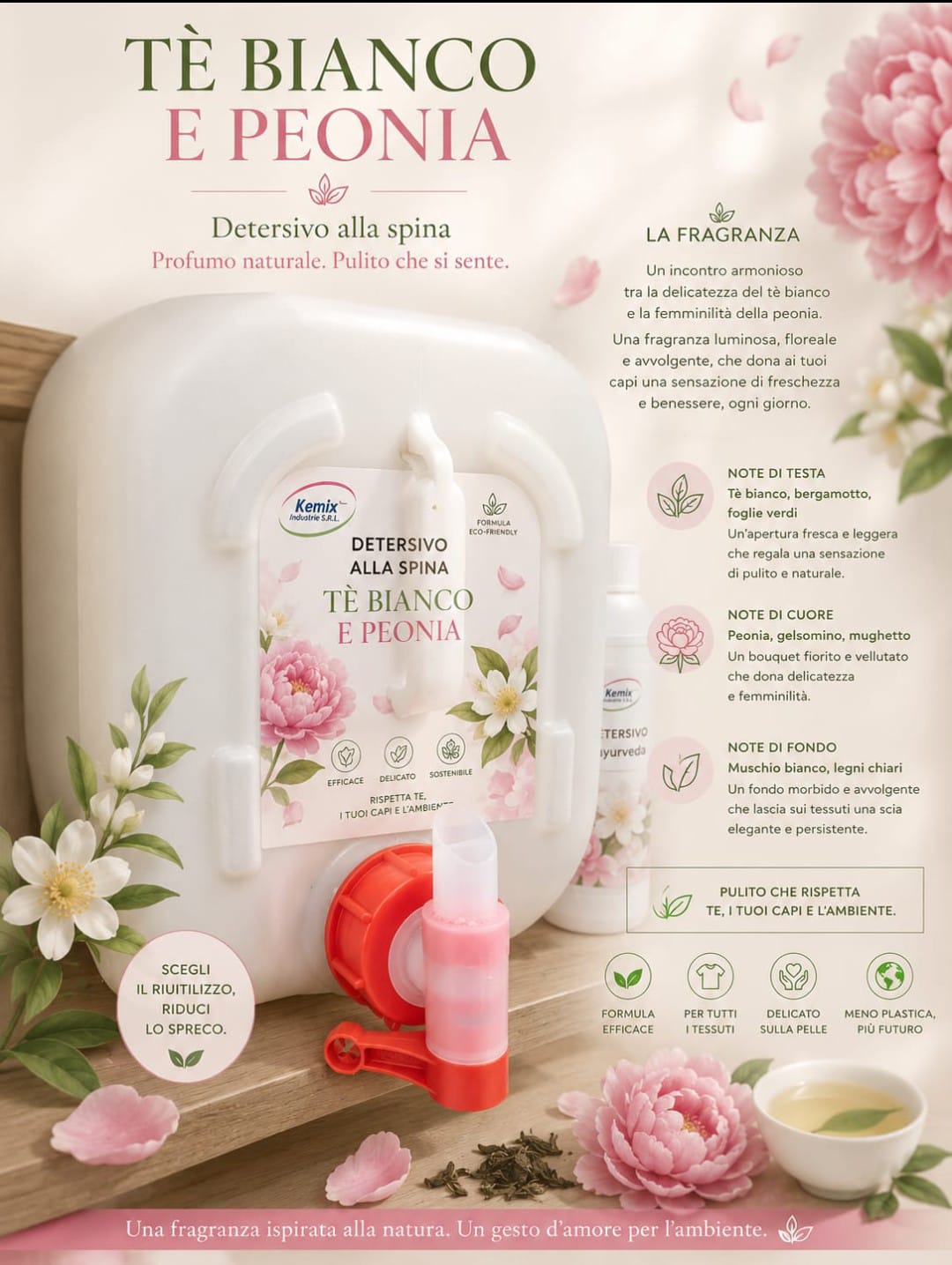 Detersivo a mano e in lavatrice tè bianco e peonia