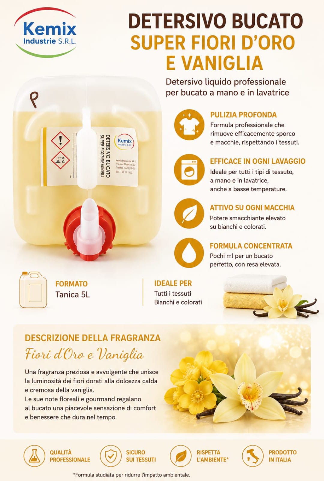 Detersivo a mano e in lavatrice fiori d'oro e vaniglia