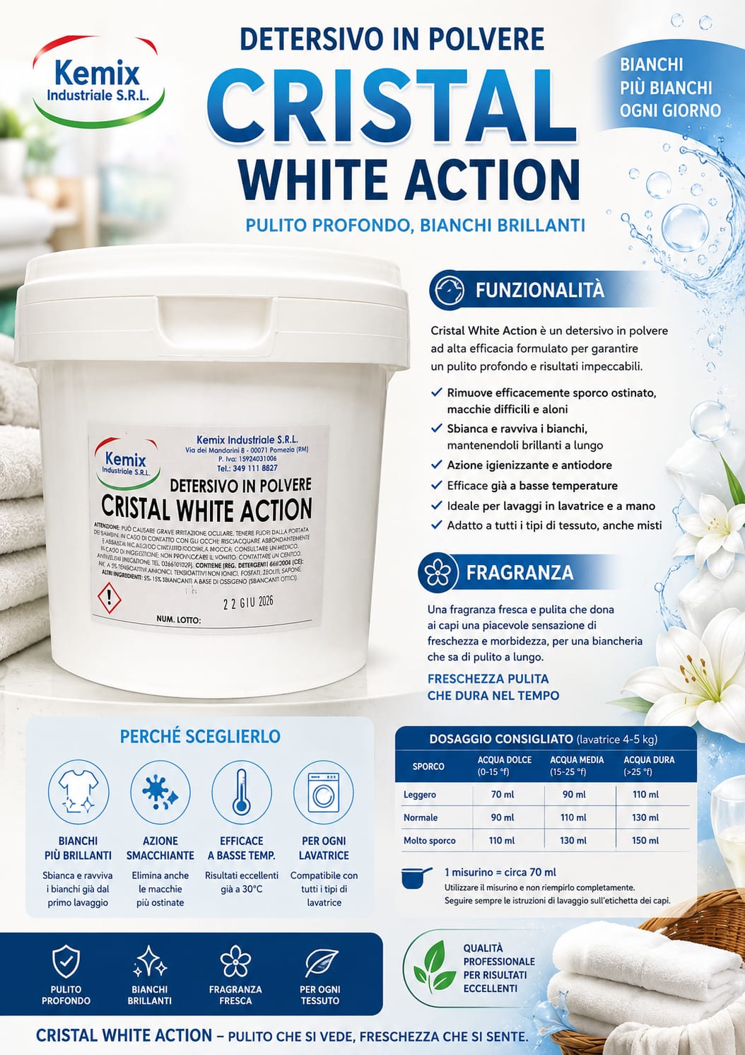 Detersivo a mano e in lavatrice in polvere cristal white action