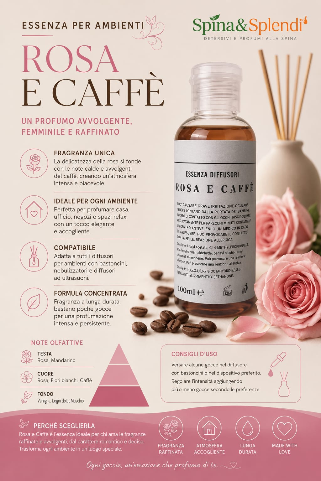 Essenza per ambiente rosa e caffè da 100ml