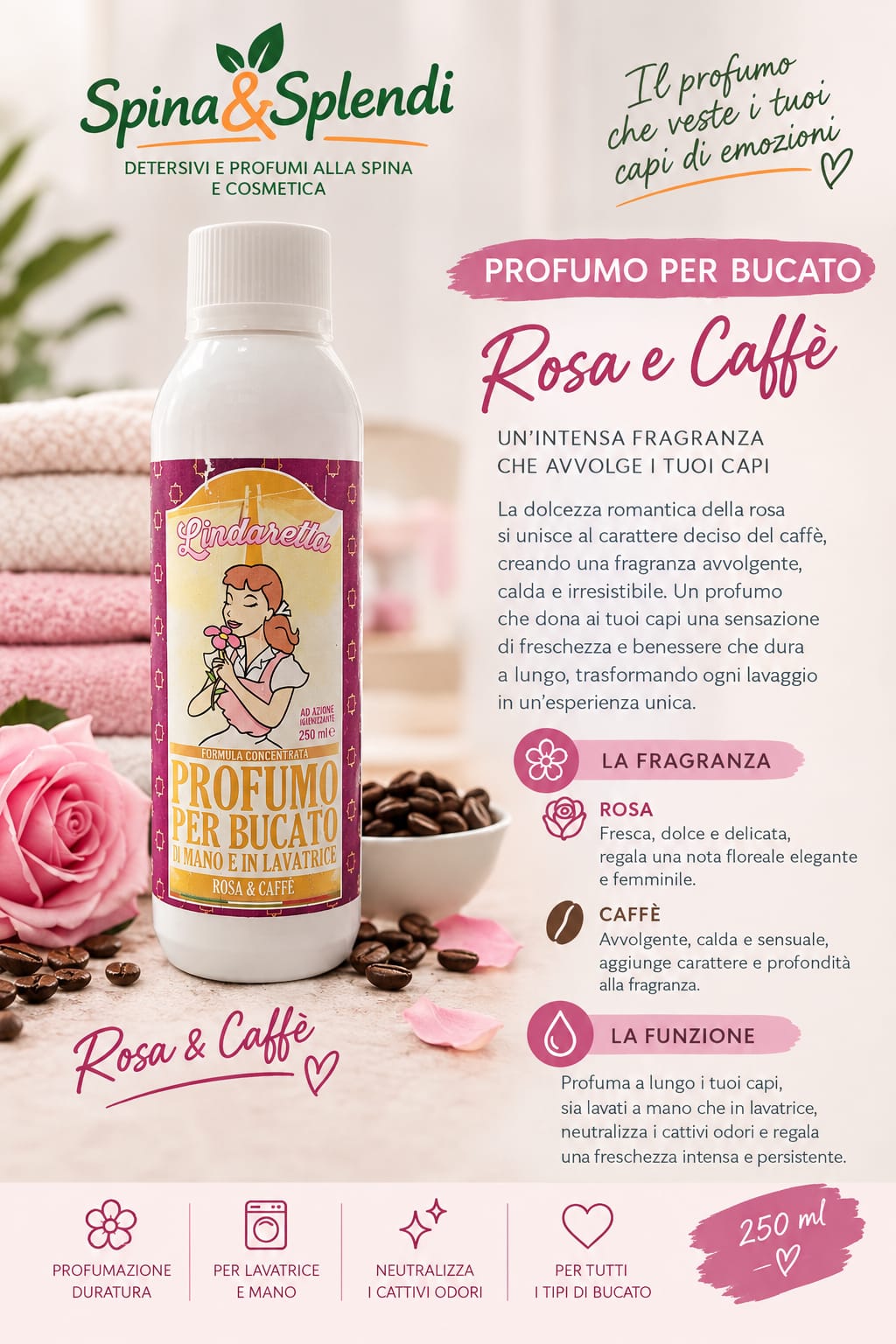 Profumo per bucato e pavimenti rosa e caffè da 250ml